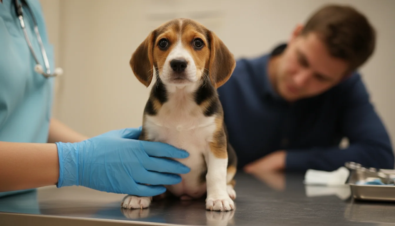 A small, wide-eyed puppy on a vet's examination table, a veterinarian's hand gently examining its abdomen.