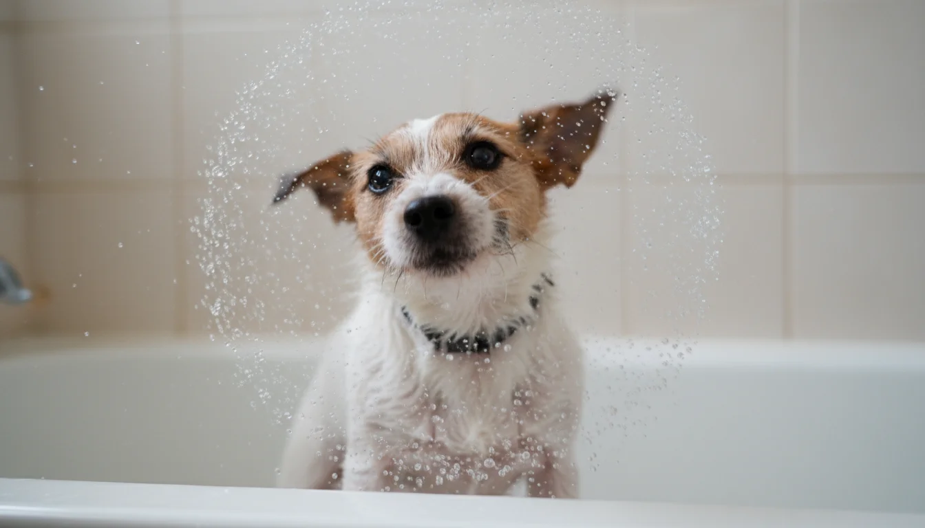 A small wiry-haired terrier mix dog vigorously shakes its wet body, sending water droplets flying. Lingering suds are visible in its damp fur.