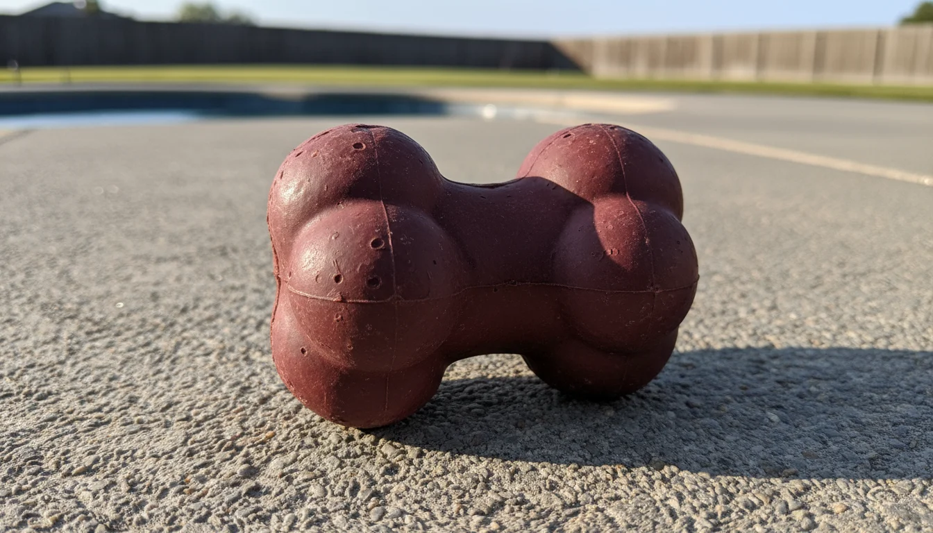 A solid, dark red natural rubber dog toy with a unique, one-piece shape rests on a patio, showing signs of heavy chewing but no damage.