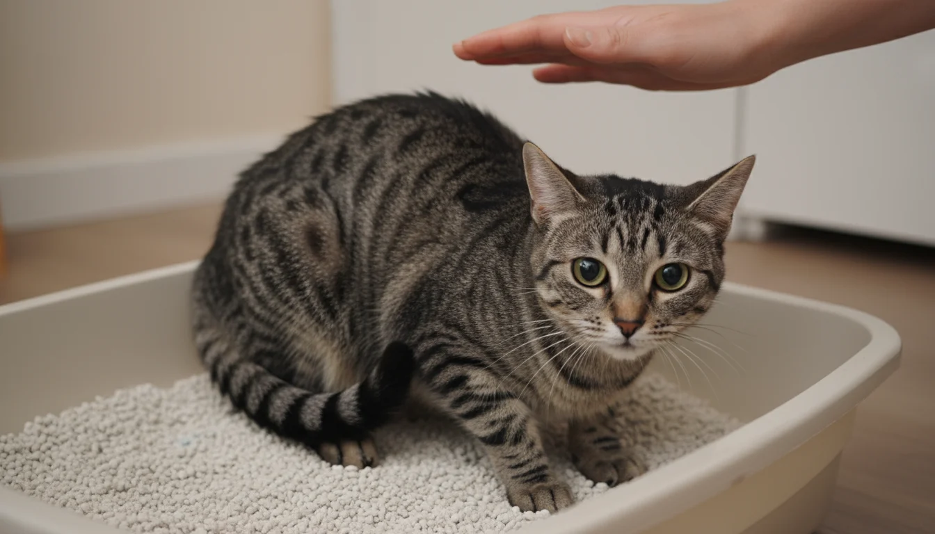 A striped male tabby cat crouches tensely in a litter box, visibly straining. A human hand hovers gently nearby.