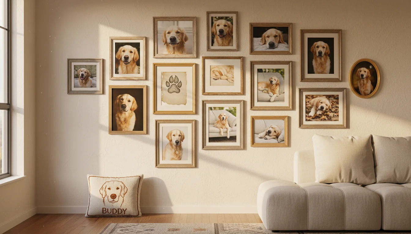 A sunlit gallery wall filled with framed photos, paw print art, and a painted portrait of a golden retriever. A custom pet bed is below.
