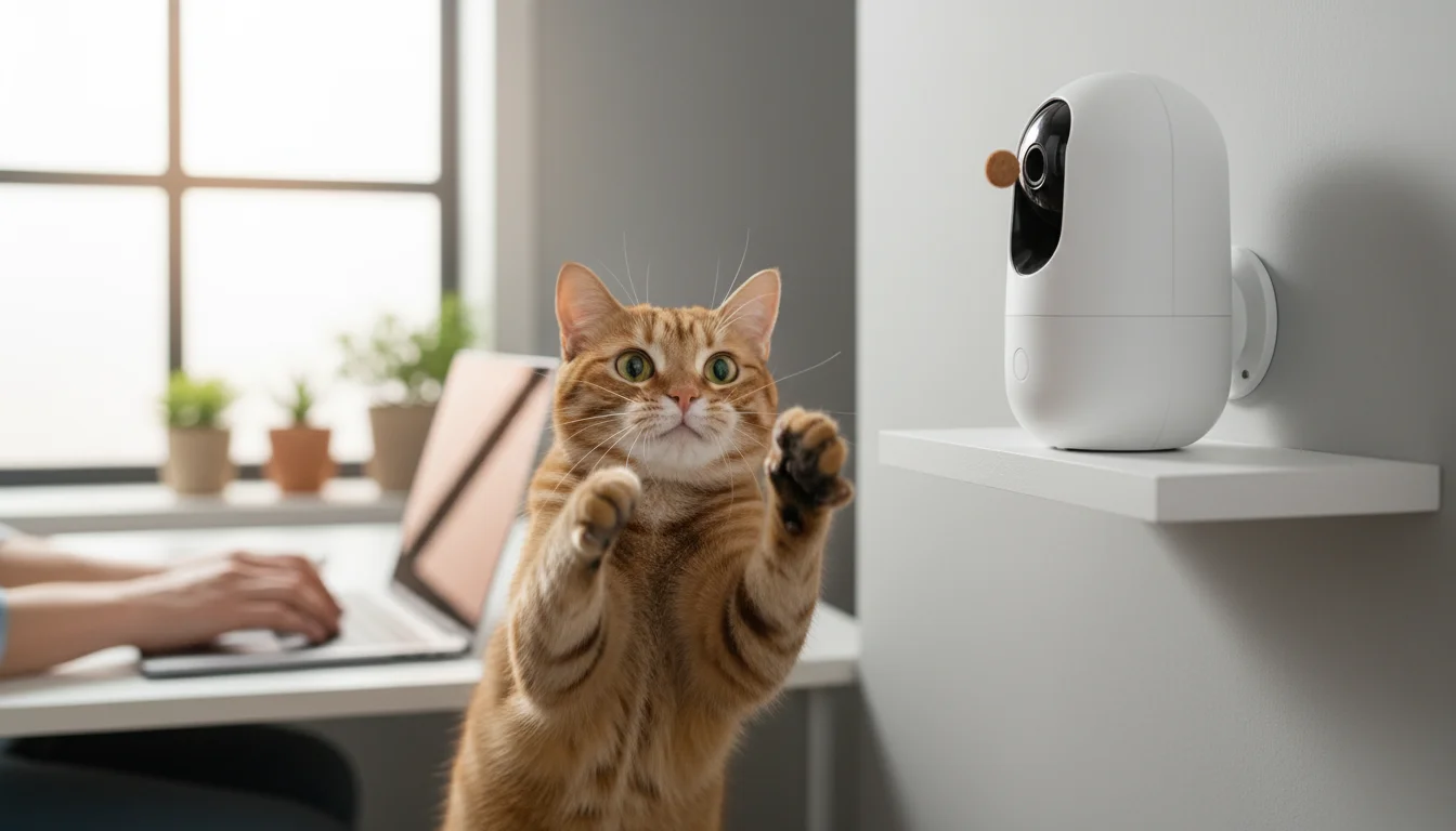 Tabby cat batting at a treat dispensed from a modern pet camera on a shelf, with a person typing on a laptop in background.