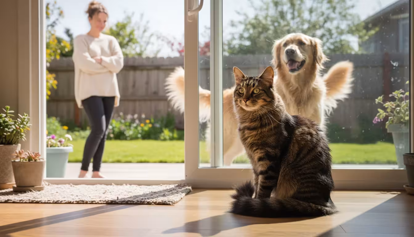 A tabby cat calmly watches a golden retriever through a glass door, while its female owner subtly observes the cat's reaction.