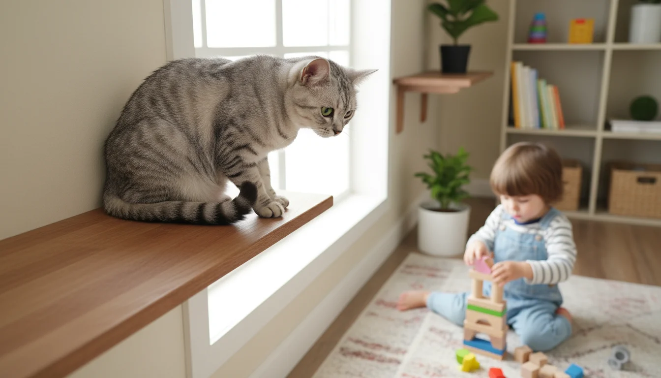 A tabby cat on a high shelf observes a child playing with blocks on the floor below.