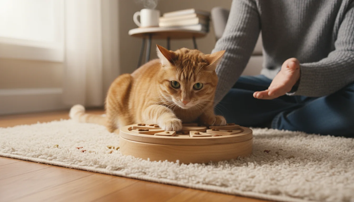A tabby cat intensely focuses on a puzzle feeder, with a person's hand nearby, suggesting positive enrichment play.