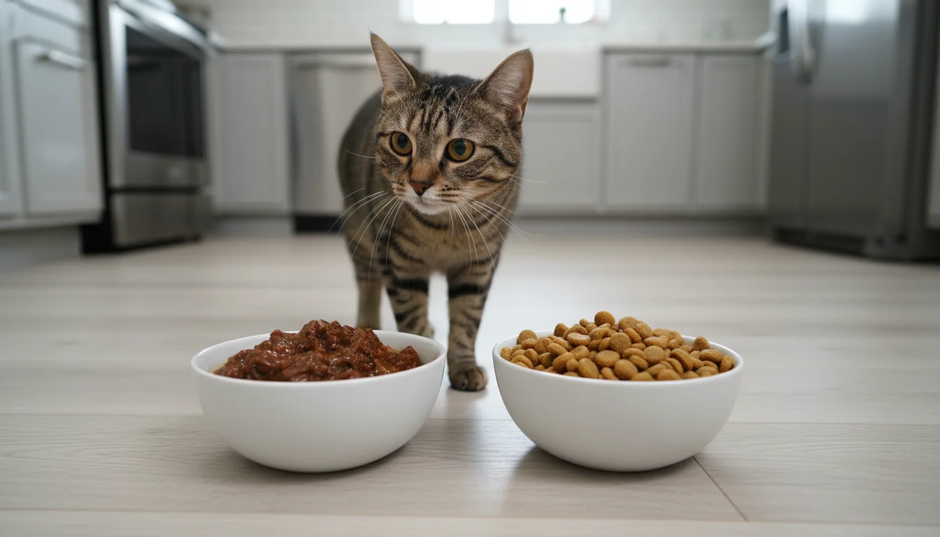 A tabby cat looks intently between a bowl of wet cat food and a bowl of dry cat food on a kitchen floor.