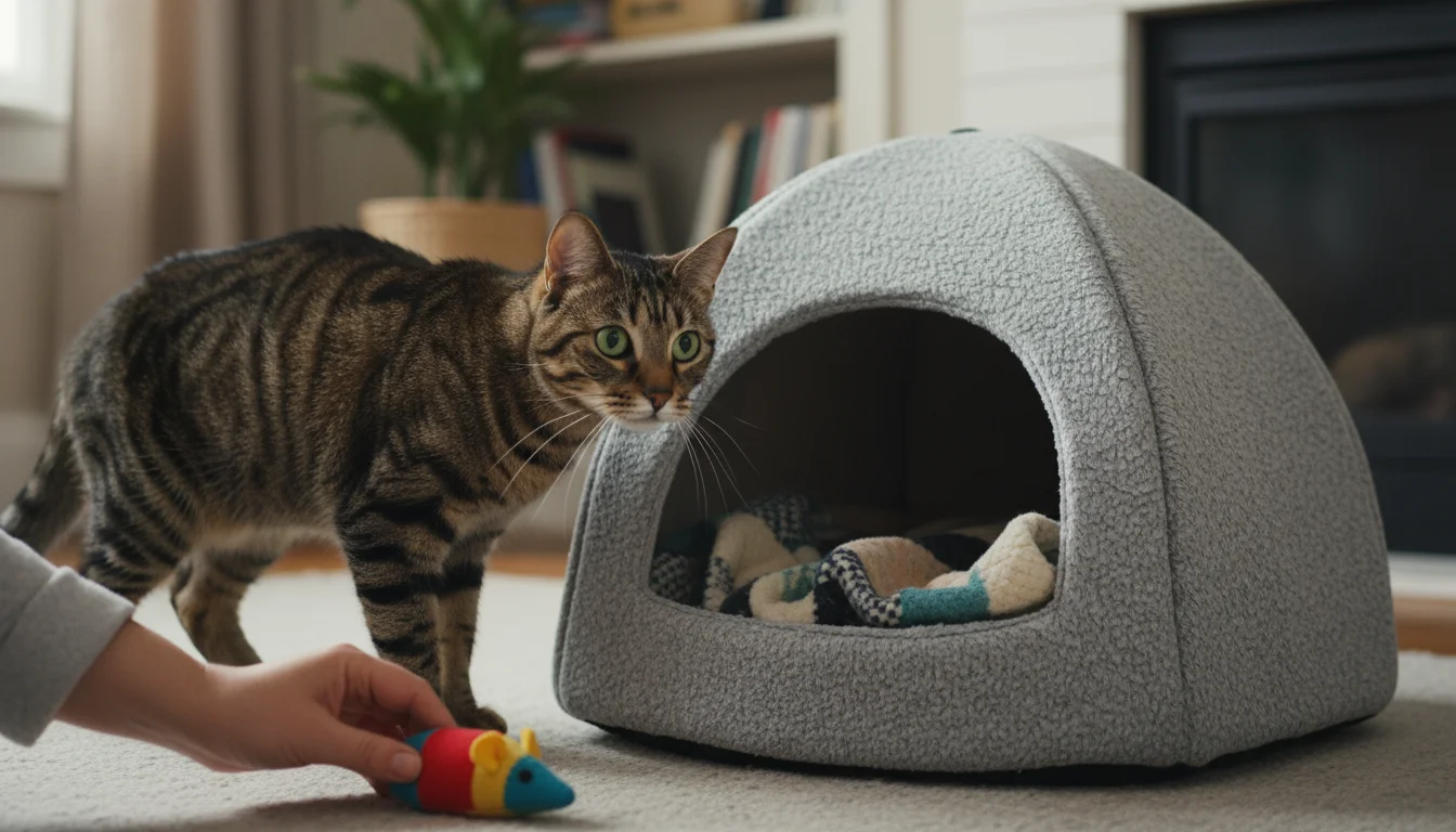 A tabby cat pauses, observing a new grey dome cat bed. A human hand places a catnip mouse inside, gently luring the cat closer to the bed.