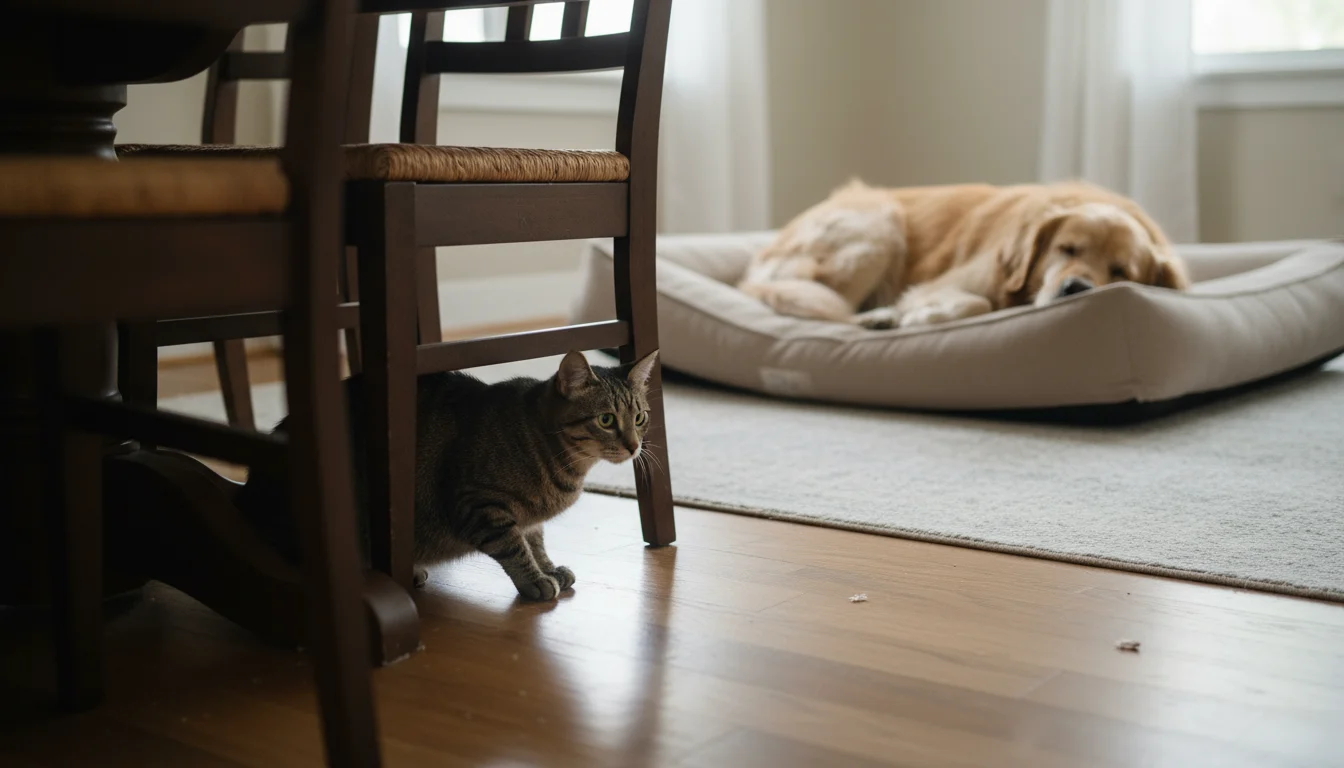 Tabby cat peeking warily from under a dining chair at a sleeping Golden Retriever in a new dog bed in the living room.