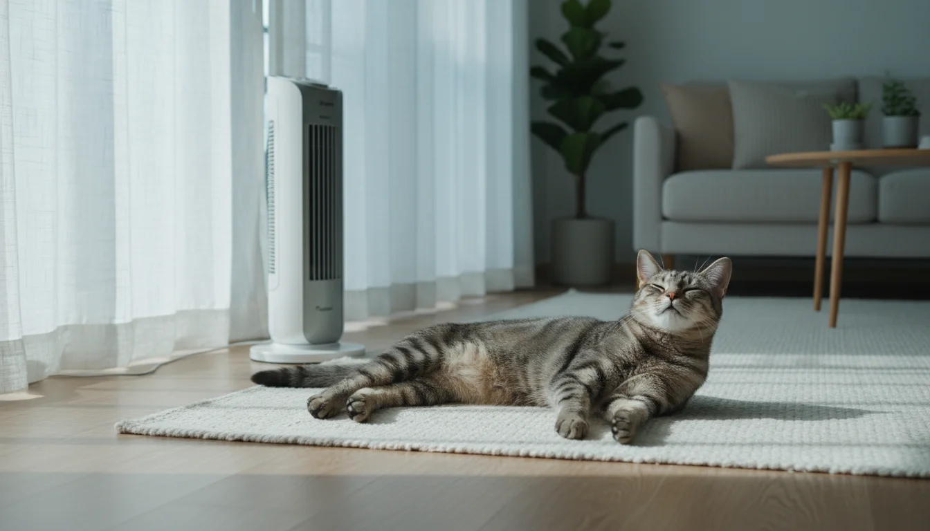 A tabby cat relaxes on a rug in a softly lit room with drawn blinds, a fan, and a wide water bowl with ice.