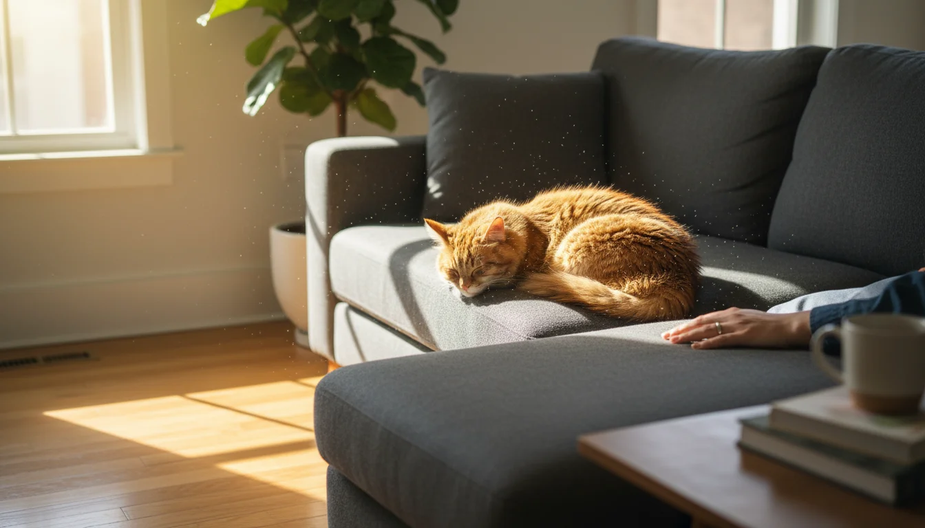 A tabby cat sleeping on a grey sofa in a sunbeam, with subtle dust motes visible in the light. A human hand rests nearby.