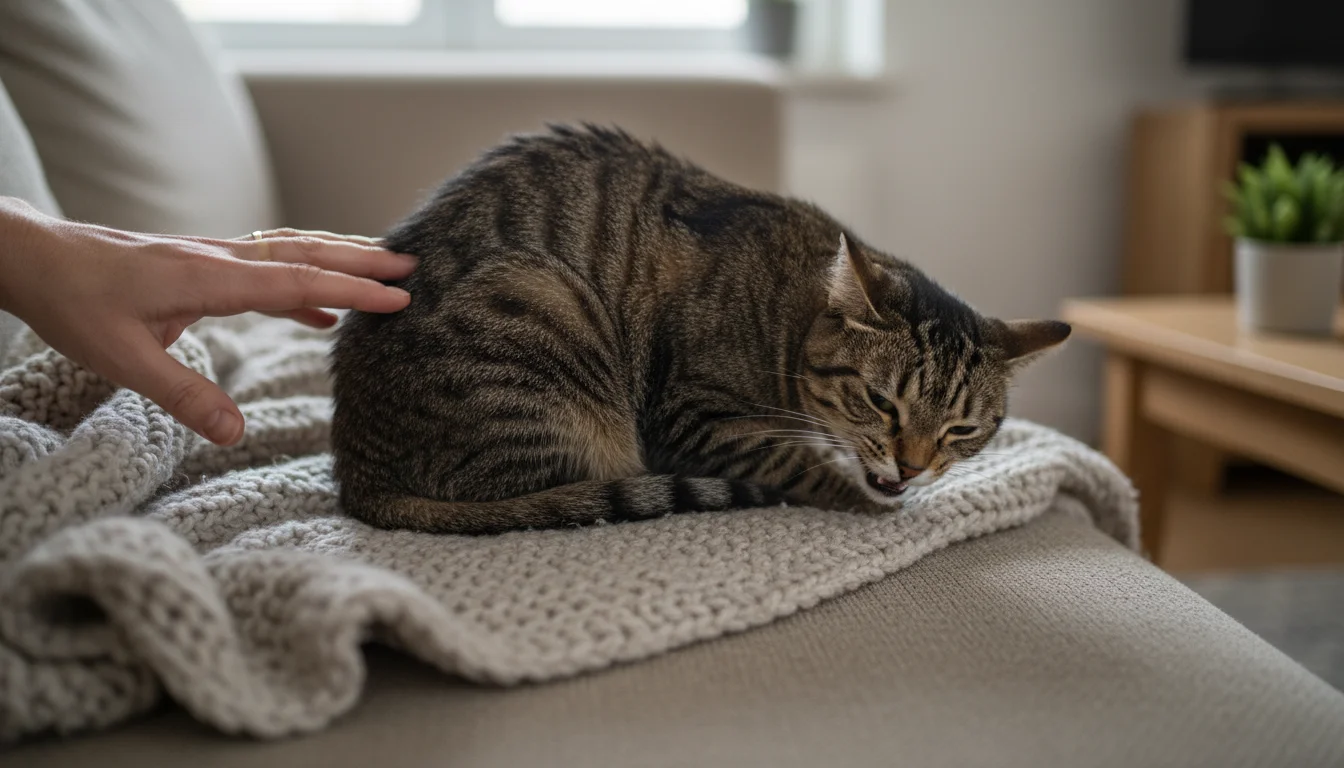 Tabby cat on a sofa, tensing and hissing softly as a person gently strokes its back, owner looks concerned.