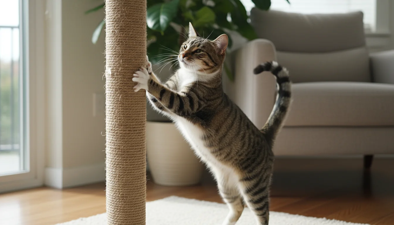 A tabby cat stretches its body and rakes its claws down a tall, sisal scratching post in a sunlit room.