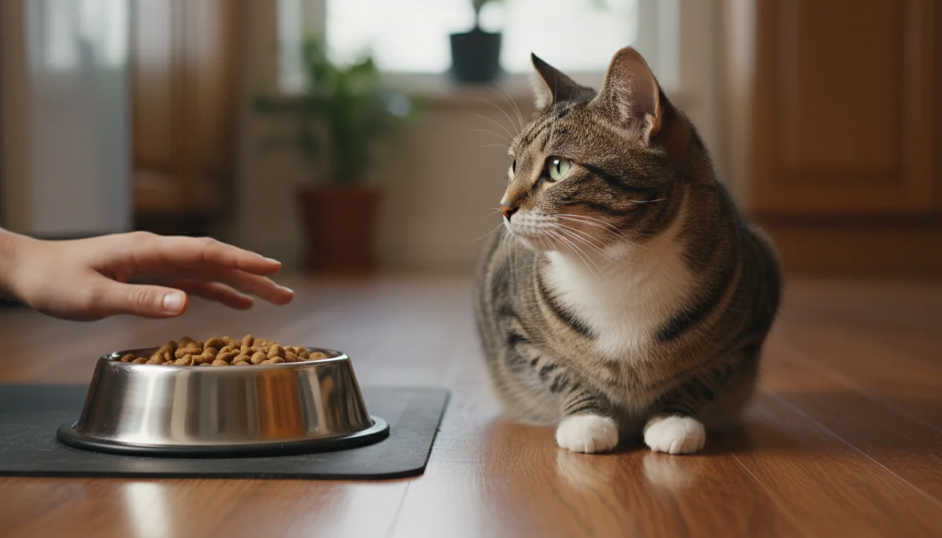 A tabby cat turns away from a full food bowl, looking disinterested. An owner's hand hovers nearby.