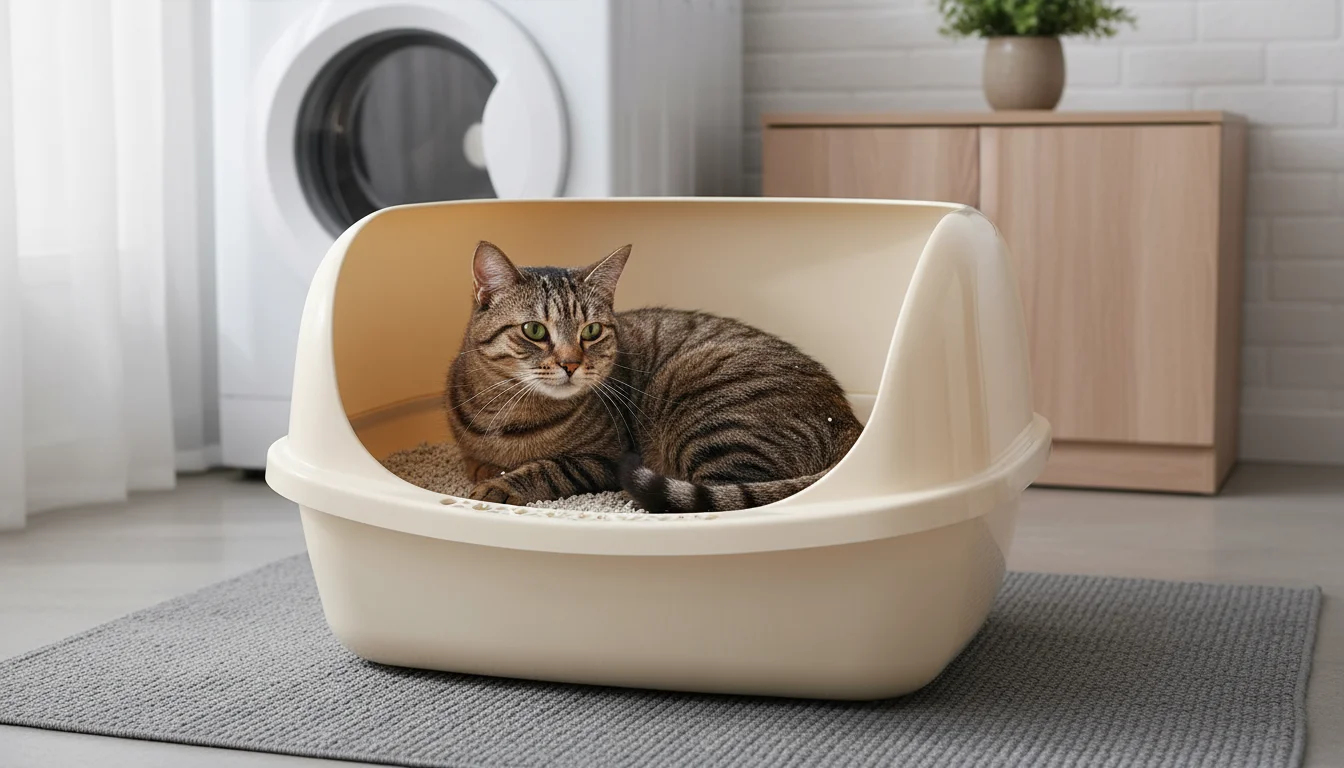 A tabby cat turns comfortably inside a clean, spacious light-colored litter box on a mat in a utility room corner.