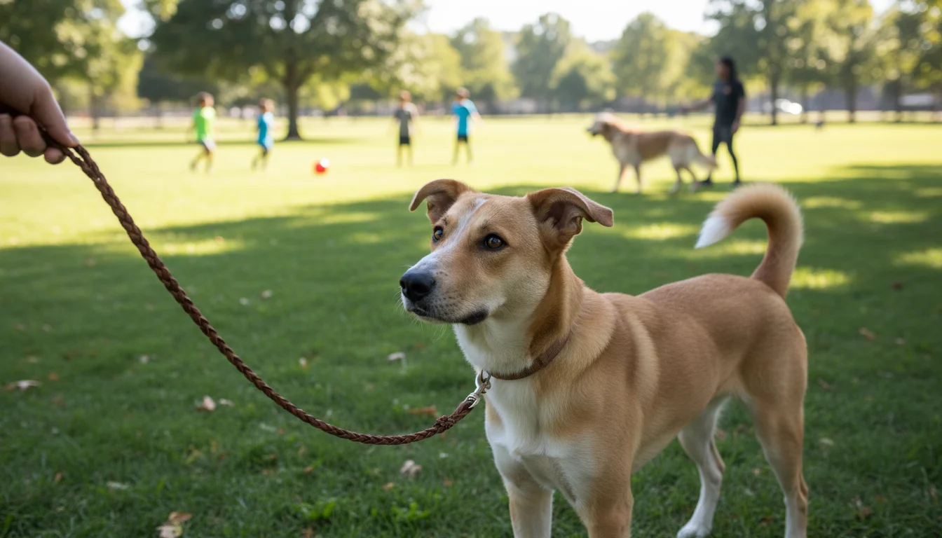 A tan and white mixed-breed dog on a leash, intently watching children play in a sunny park with its owner.