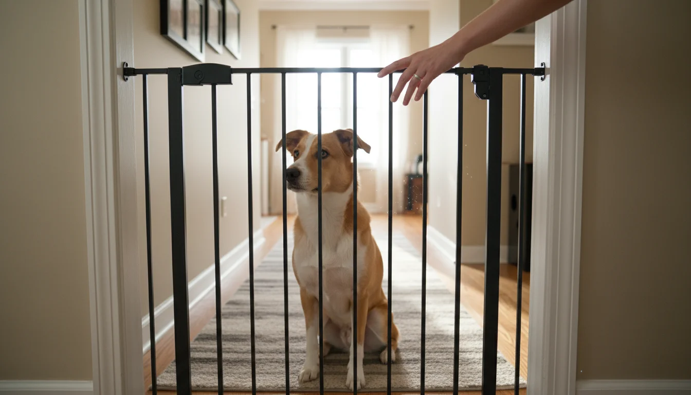 A tan and white mixed-breed dog sits calmly behind a sturdy metal baby gate in a home hallway. A person's hand rests on the top of the gate.