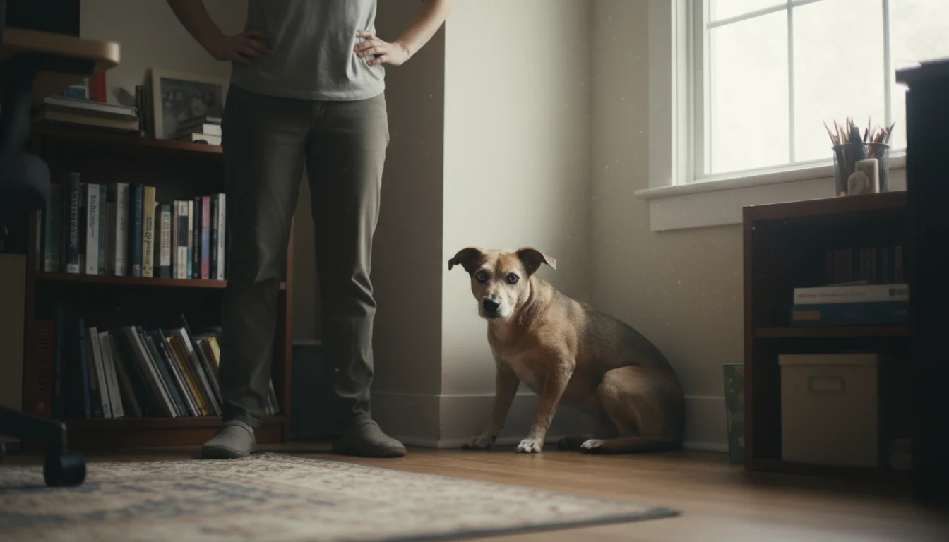 A tense medium-sized dog with wide eyes cowers in a corner, while a human's lower body observes from a distance.