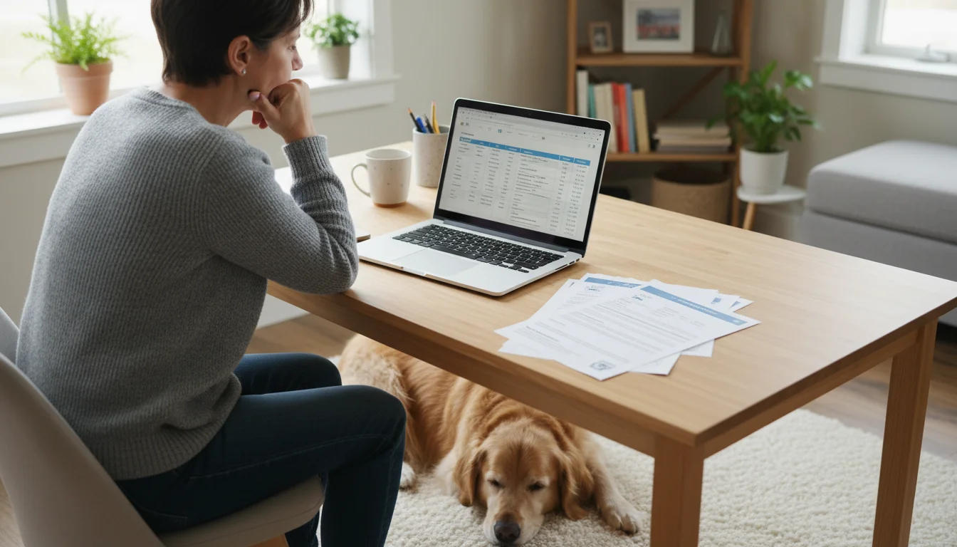 A thoughtful person at a home office desk with a laptop and papers, a calm Golden Retriever lies nearby.