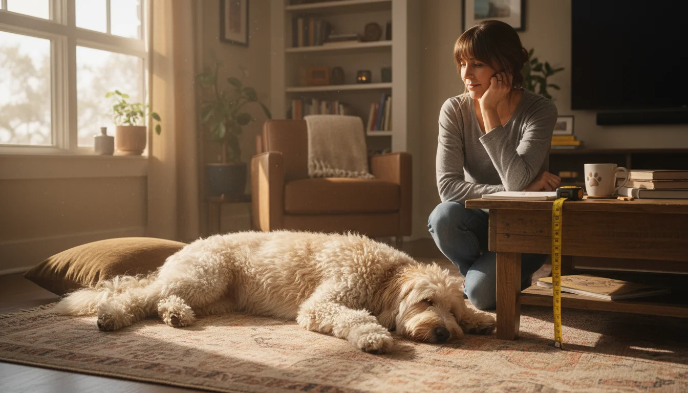 A thoughtful person gently observes their medium-sized shaggy dog sleeping sprawled out on a rug in a sunlit living room, considering its size and sle