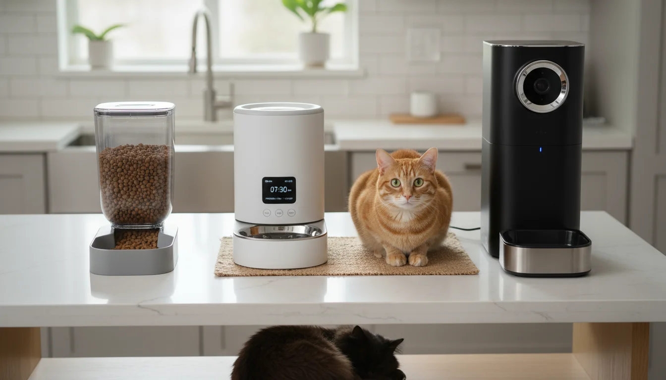 Three different automatic pet feeders—a basic gravity, a programmable, and a smart feeder—on a counter with a person's hands and a curious cat.