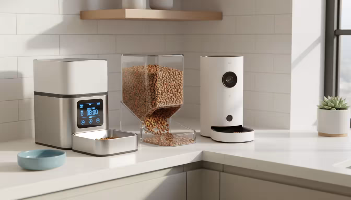 Three distinct automatic pet feeders (digital, gravity, smart) on a kitchen counter with empty bowls. A hand reaches towards one. A tabby cat observes