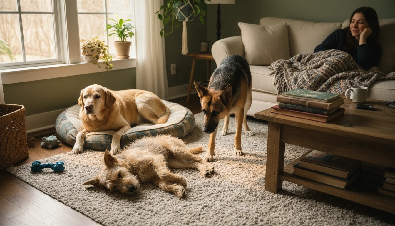 Three diverse dogs in a comfortable living room, exhibiting different behaviors, with a person observing from a couch.
