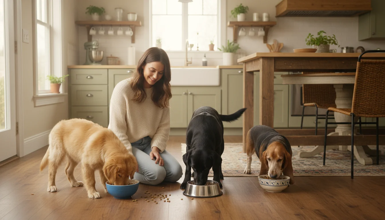 Three dogs of different ages – a puppy, an adult, and a senior – eating from their bowls on a kitchen floor, watched by a caring woman.