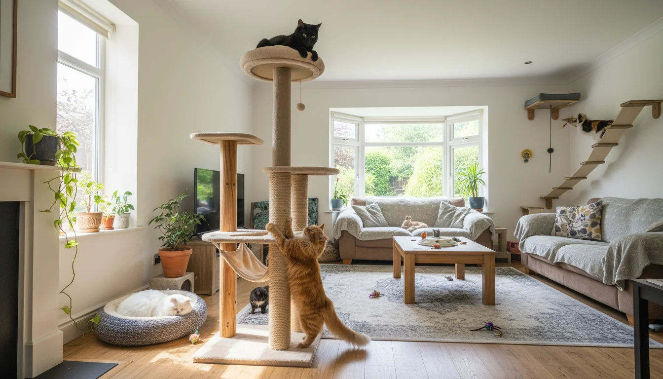 Three happy cats in a sunny living room: one on a cat tree, one scratching a post, and one on a wall shelf.