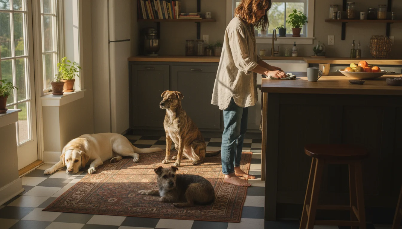 Three well-behaved dogs calmly sit or lie on a kitchen floor while a person works at a counter, demonstrating quiet harmony.