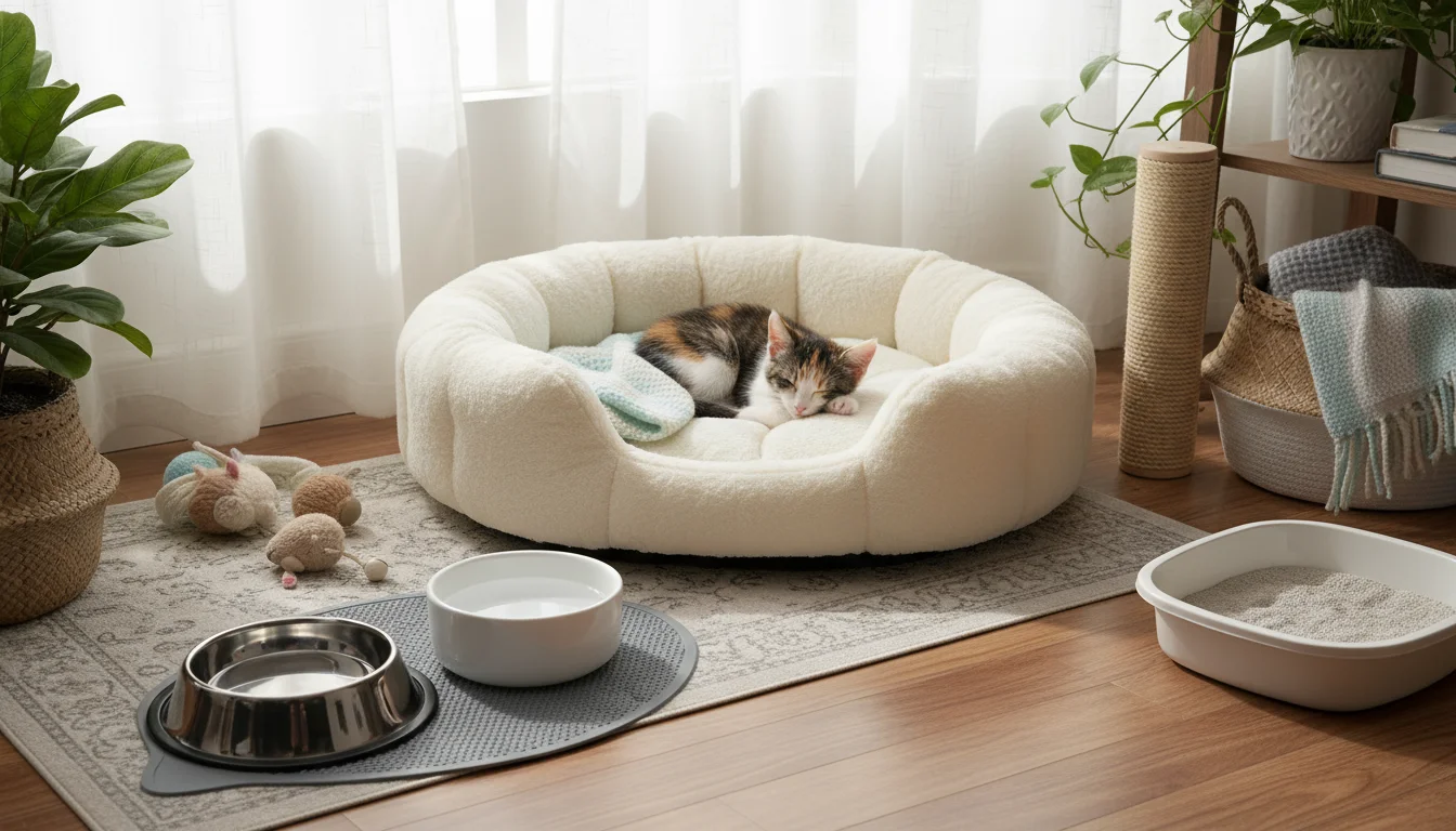 A tidy kitten zone with new food and water bowls, a clean litter box, and a soft bed in a home corner.