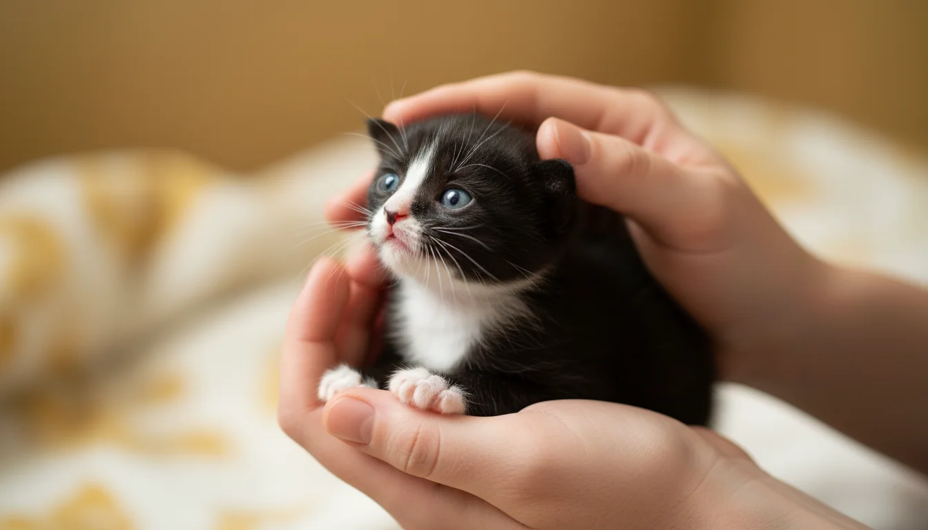 Close-up of a tiny black and white tuxedo kitten held gently in a person's cupped hands, looking up curiously.