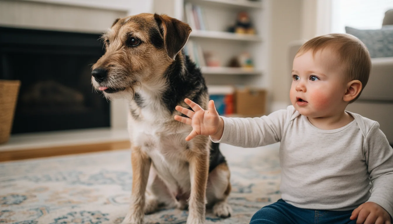 A toddler reaches towards a scruffy terrier mix dog. The toddler is smiling, while the dog subtly licks its lips and looks slightly away.