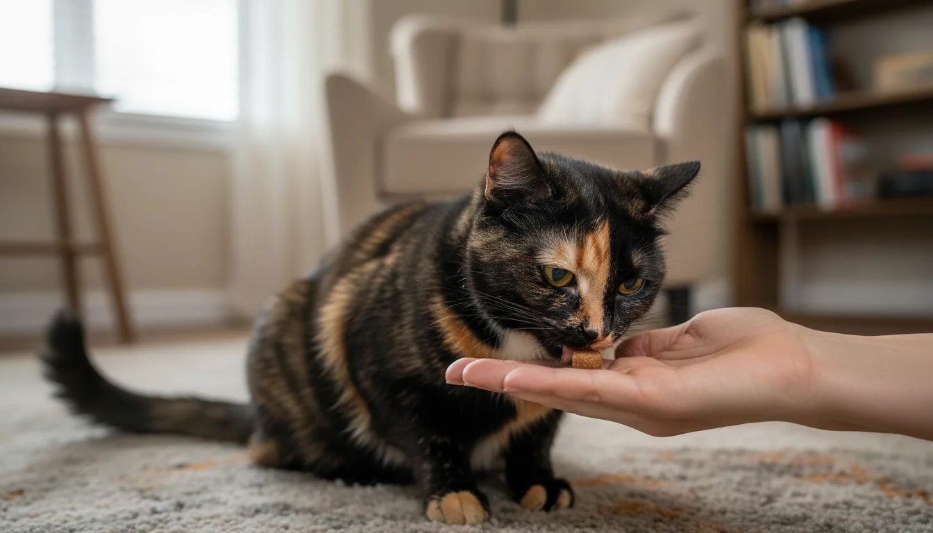 A tortoiseshell cat calmly accepts a small treat from an adult's open hand, against a warm, sunlit living room backdrop, showing positive interaction.
