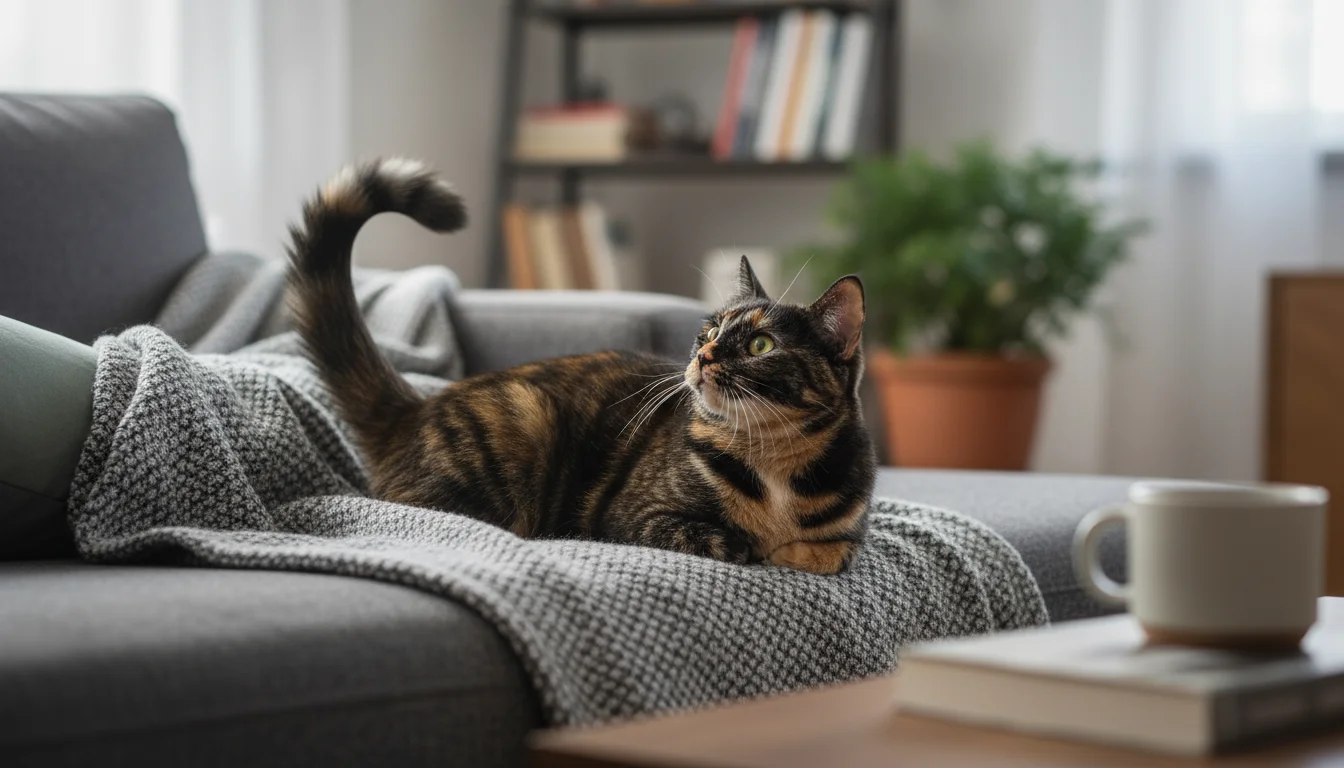 A Tortoiseshell cat relaxing on a gray couch blanket, slowly blinking at an unseen person, its tail held high with a curled tip.