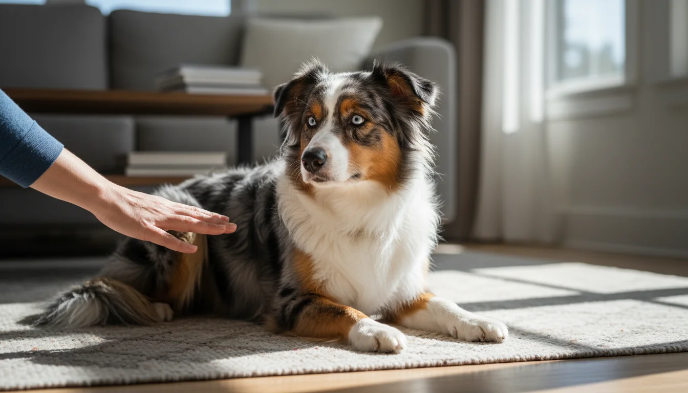A tri-color Australian Shepherd dog on a rug tenses and looks away as a human hand gently reaches towards its side.