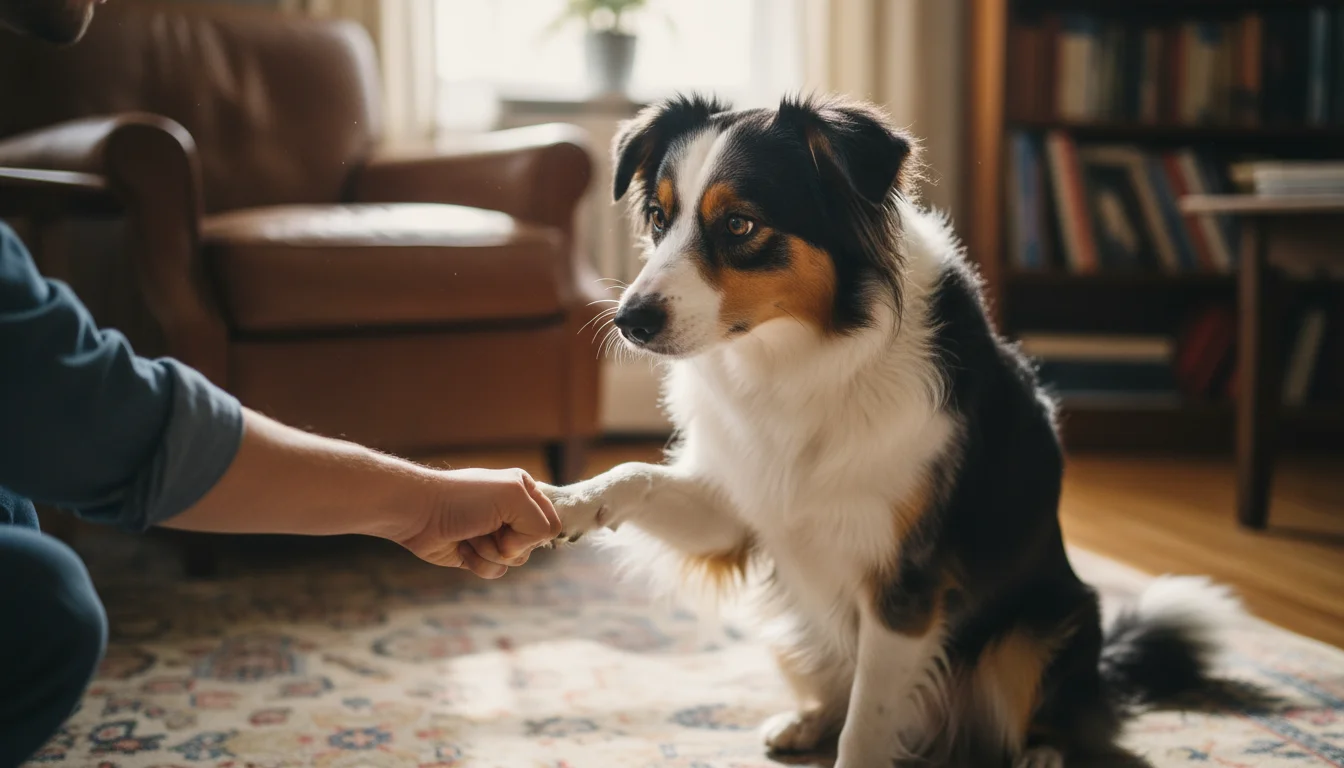 A tri-color Australian Shepherd mix dog gently taps a human's closed fist with its paw on a living room rug.
