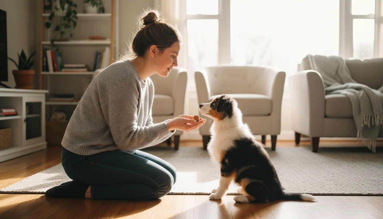 A tri-color Australian Shepherd mix puppy in a sunlit living room is distracted, while a woman patiently offers a treat to regain its focus.