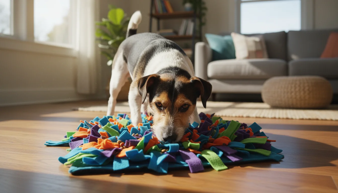 A tri-color terrier mix dog intently sniffs a colorful snuffle mat on a wooden floor, searching for hidden treats.