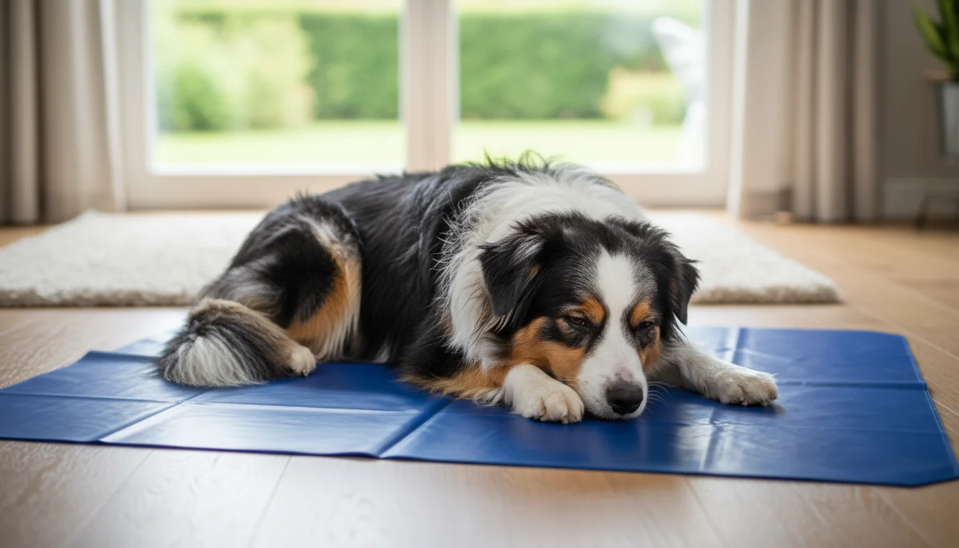 Tricolor Australian Shepherd dog napping peacefully on a blue gel cooling mat in a bright living room.