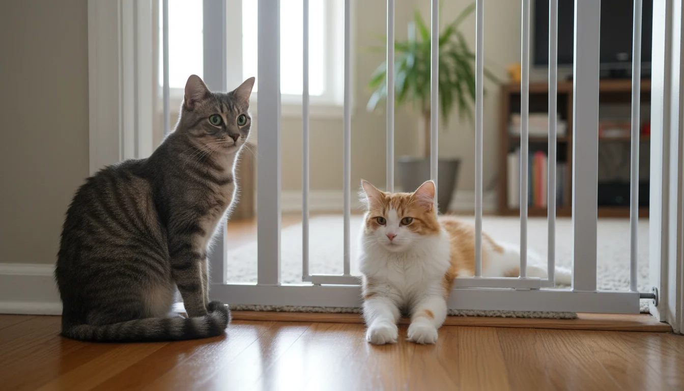 Two cats, a grey tabby and a ginger and white, cautiously observe each other through a white baby gate in a home.