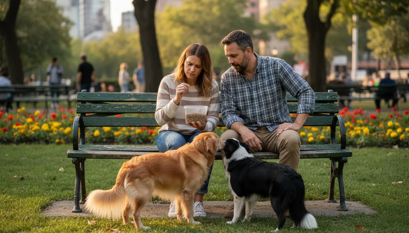 Two dog owners sit on a park bench, one holding a dog food container, discussing. Their dogs play nearby.