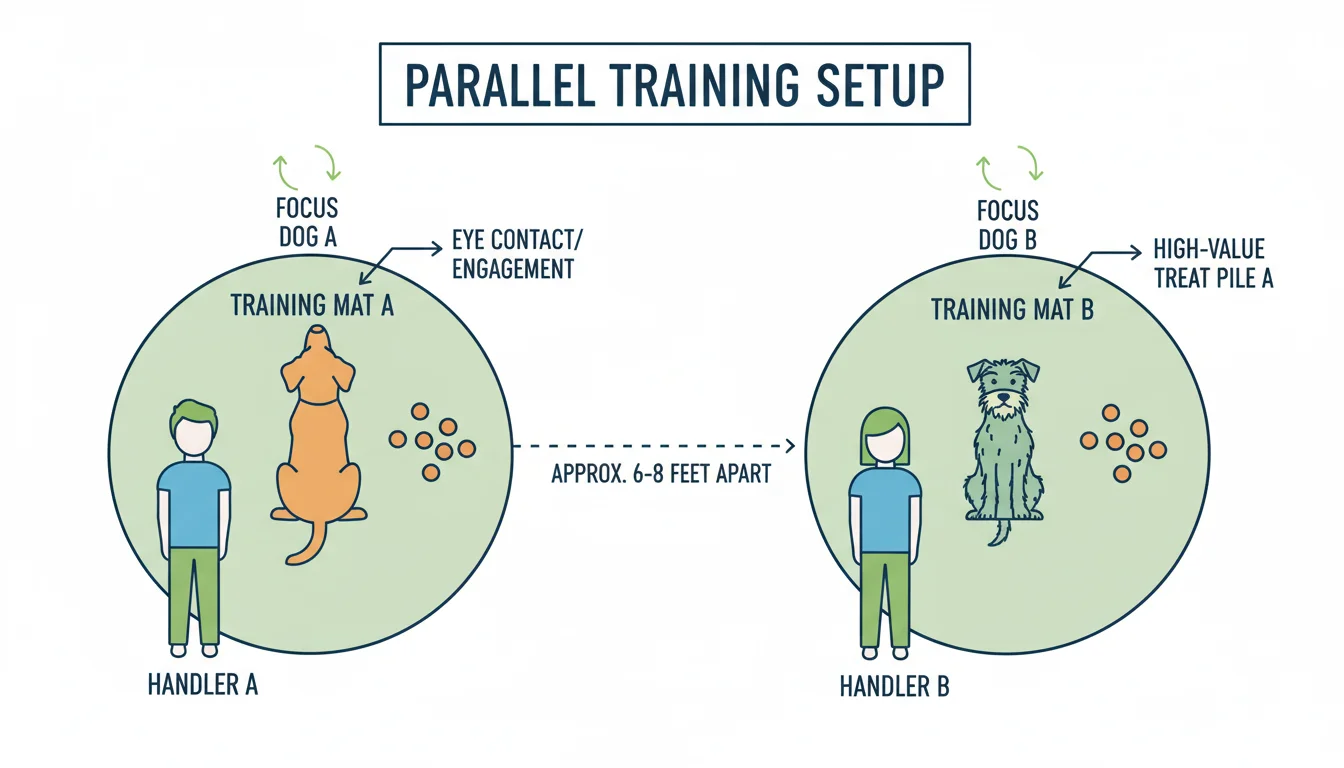 Diagram showing two dogs with separate handlers training in parallel, maintaining a 6-8 foot distance with individual treat rewards.