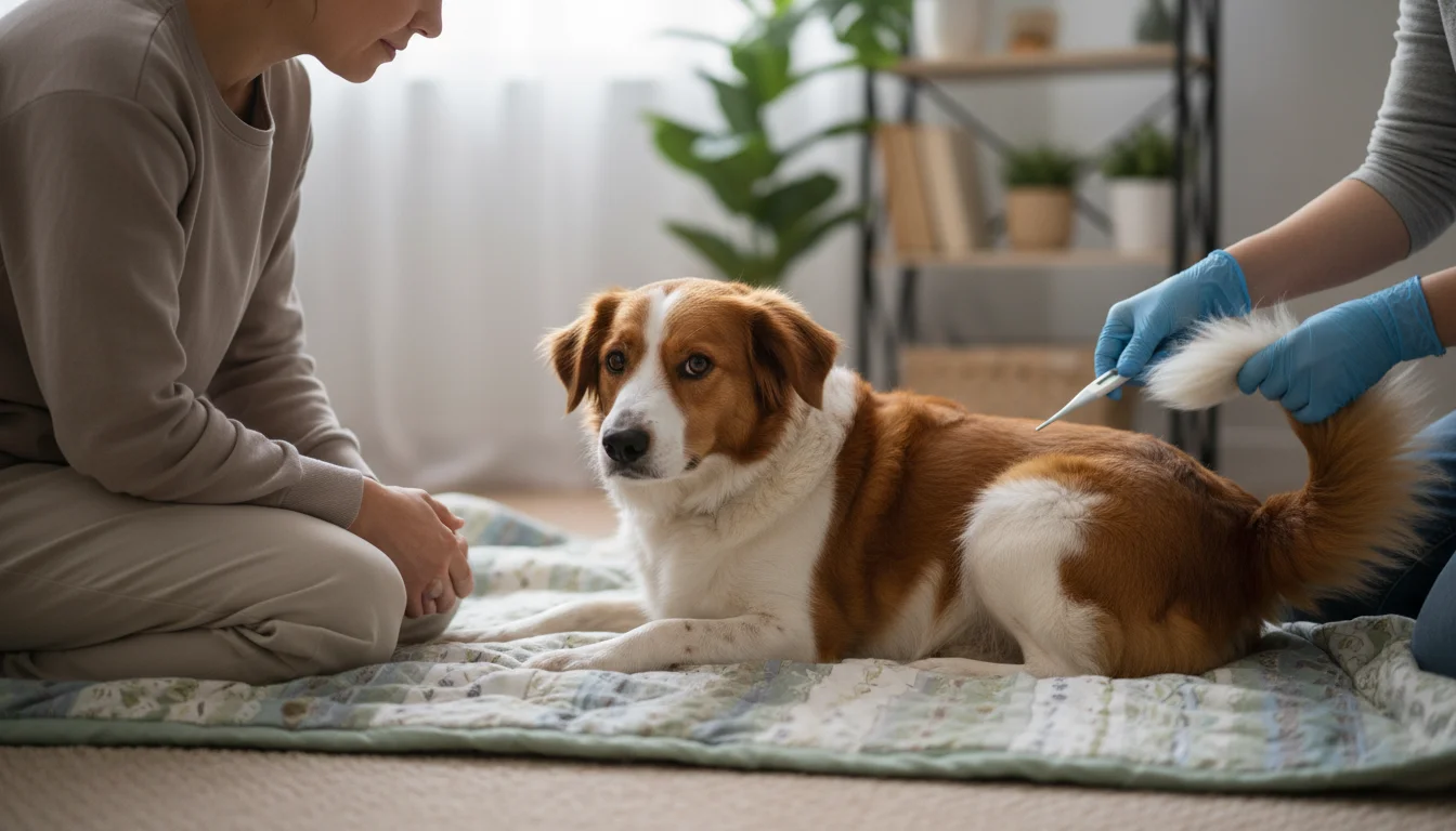 Two people gently take a calm dog's temperature rectally using a digital thermometer on a blanketed floor.
