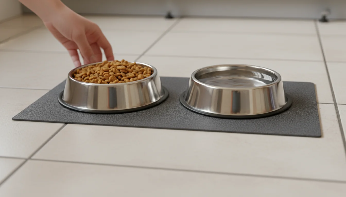 Two shiny stainless steel cat bowls, one with dry food and one with water, sit on a dark non-skid mat on a tiled floor.