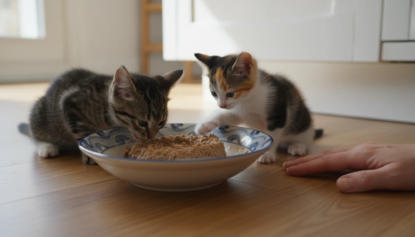 Two 5-week-old kittens, a tabby and a calico, eating moistened food from a shallow dish on a kitchen floor, with a human hand nearby.