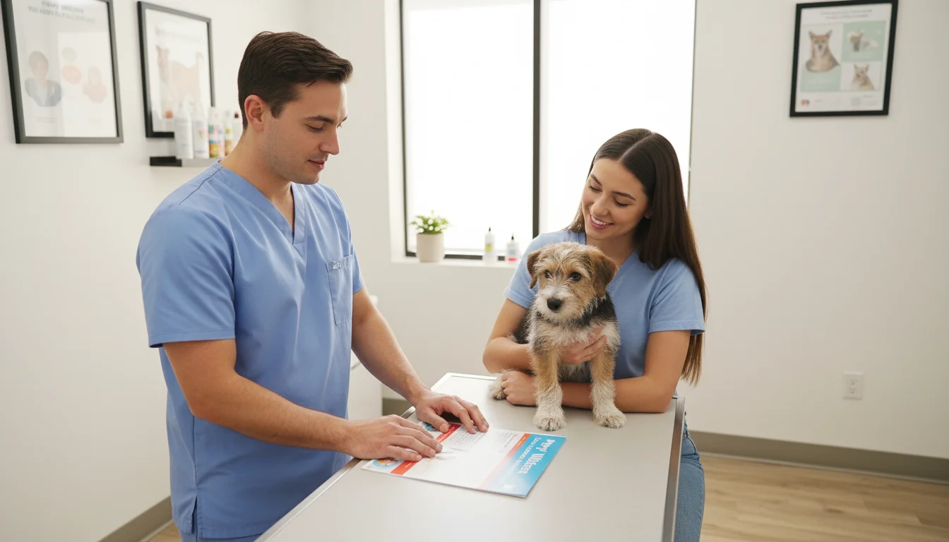 A vet discusses a puppy's vaccination schedule with an owner holding a small wire-haired terrier mix puppy in a clinic examination room.