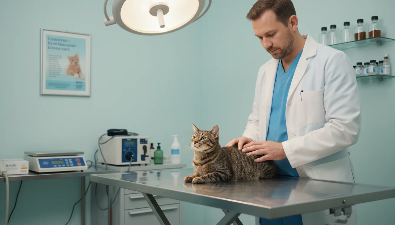 A vet in scrubs gently examines a calm tabby cat on a metal table in a bright veterinary office.