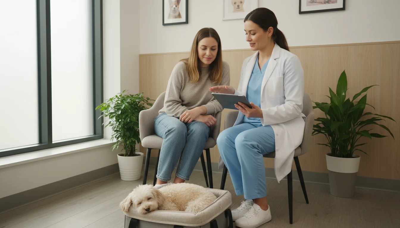 A vet speaks to a pet owner, pointing at a tablet. A small, fluffy dog is relaxed in an open carrier at the owner's feet.