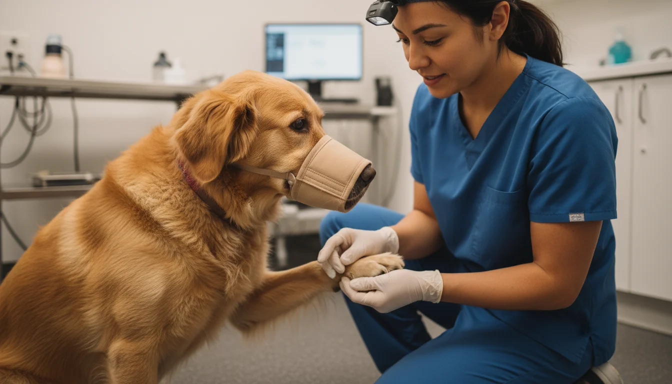A vet tech gently examines a tense, muzzled Retriever mix's paw in a clinic, demonstrating professional care for an anxious dog.