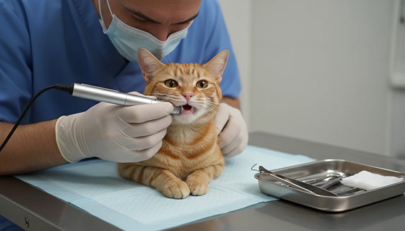 A veterinarian in blue scrubs and gloves gently examines a calm tabby cat's teeth and gums on an examination table.